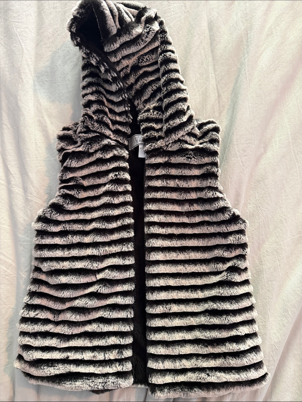 Girls' Hooded Faux Fur Vest in Gray Stripe